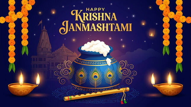 Happy krishna janmashtami greeting with traditional pot and flute