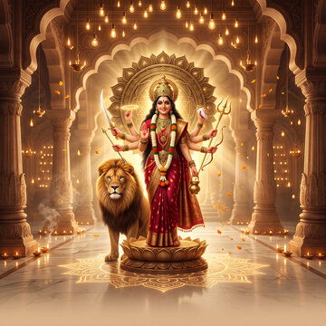 Goddess durga standing on a lotus with a lion in a temple