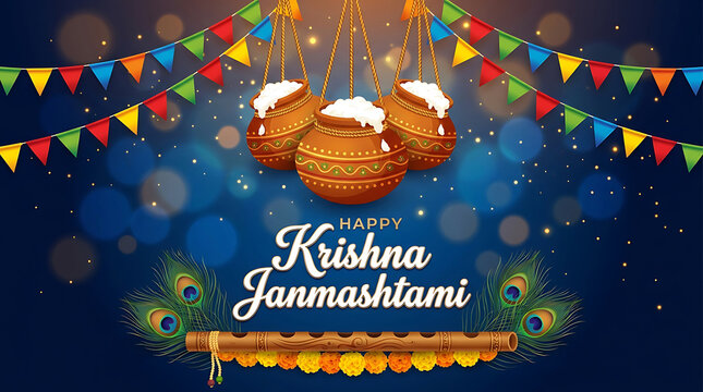 Happy krishna janmashtami celebration greeting card with dahi handi and flute
