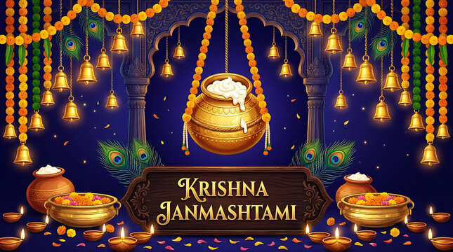 Krishna janmashtami celebration background with dahi handi and traditional decorations