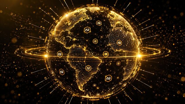Global Digital Network 3D Illustration with Golden World Globe and Technology Connections