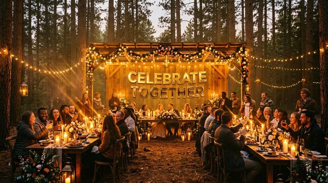 Grupo diverso celebrando en una cena al aire libre en el bosque, con luces c&aacute;lidas, brindis y ambiente festivo comunitario.