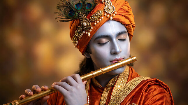 Lord krishna playing the flute with a peacock feather in his turban