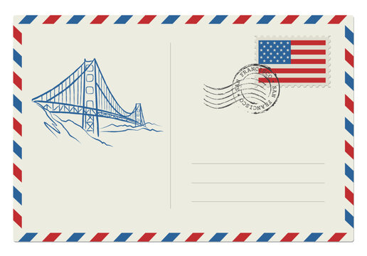 Blank post card with rubber stamp. Mockup realistic post card and postage stamp with USA flag. Golden Gate Bridge in San Francisco.