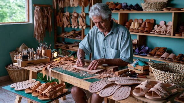Elderly artisan crafting leather sandals by hand in a workshop with natural light and shelves of footwear