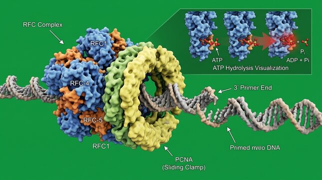 Molecular model of RFC complex loading PCNA clamp onto DNA double helix strand