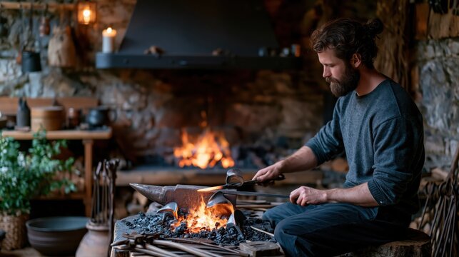 Blacksmith working metal with hammer on anvil near glowing forge fire during traditional craft