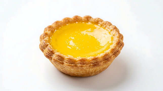 Golden egg tart with flaky crust on white background 1