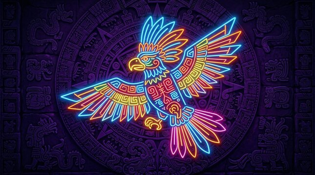 &Aacute;guila azteca de ne&oacute;n brillante con arte prehisp&aacute;nico y fondo de calendario maya para el Mes de la Herencia Hispana.