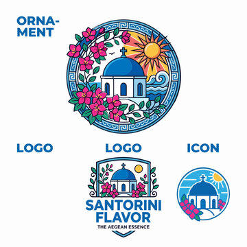 Vector illustration set of Santorini Greek island ornament logo and icon with blue dome church and bougainvillea.