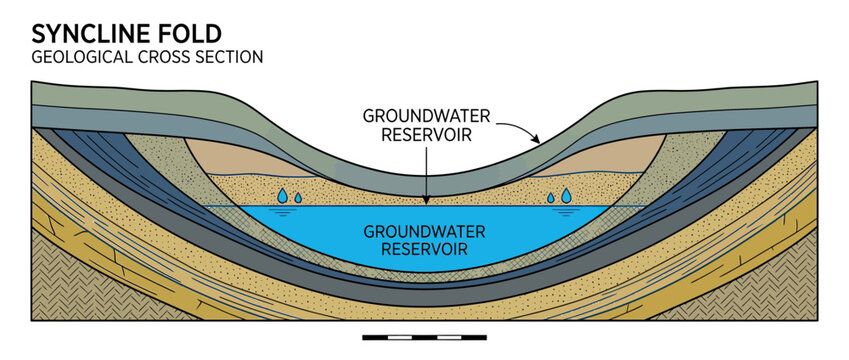 Geological cross section of a syncline fold with groundwater reservoir