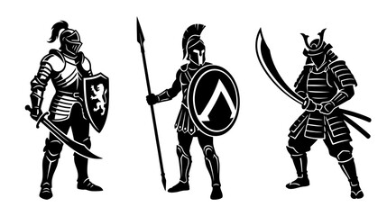 Naklejka premium Medieval Knight, Ancient Warrior, Samurai Warrior Trio