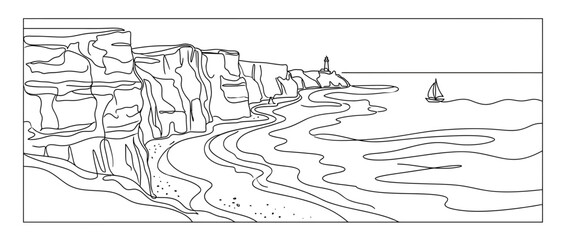 Fototapeta premium Minimalist coastal cliff line art with sailboat
