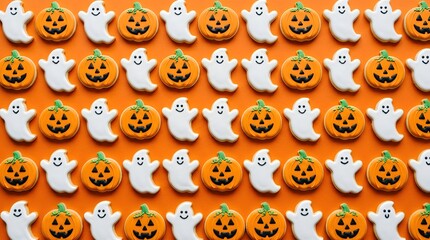 Fototapeta premium Halloween cookies pattern with ghosts and pumpkins