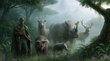 Naklejka premium Hunter with Rifle and Diverse Wildlife Group in Misty Forest Clearing During Dawn