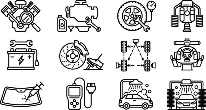 Car service automotive repair mechanic maintenance vehicle diagnostics and auto wash linear vector icon set