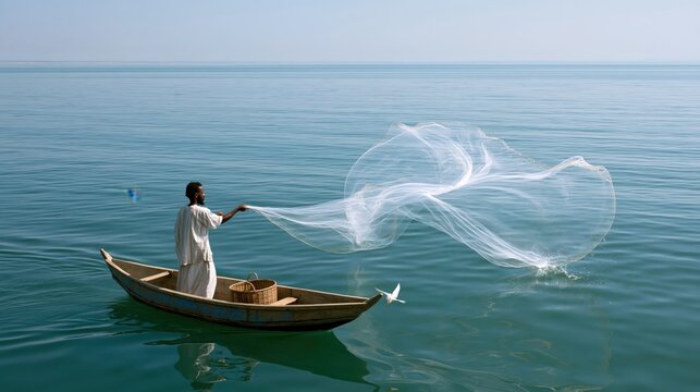 Fisherman casting net from boat on calm ocean during daylight with serene sky and clear water