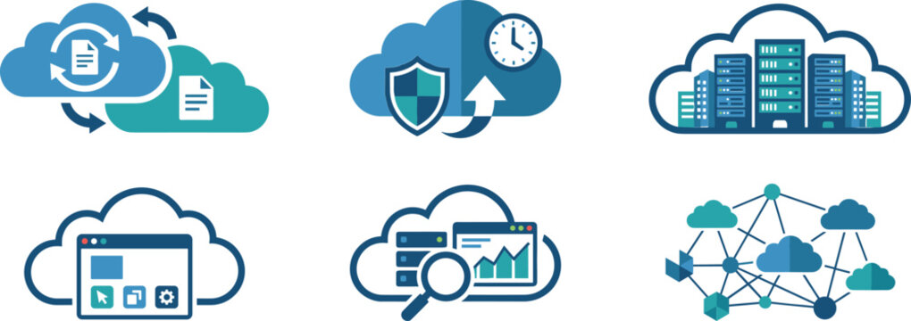 Cloud computing data storage server hosting security network migration and database management vector icon set