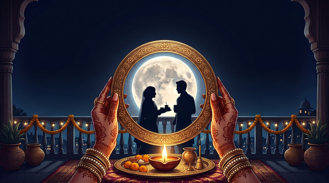 Woman holding a sieve to view her husband during a traditional