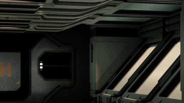 A view of the inside of a space station shows large windows and control panels. The scene is dimly lit, giving hints of technology and space exploration.