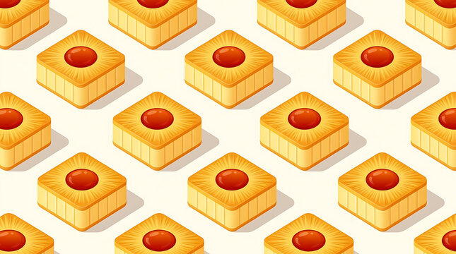 Seamless pattern of square pineapple cakes with red jam
