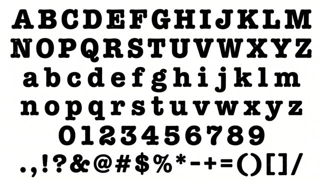 Vintage typewriter font alphabet set with distressed stamp texture. Bold slab serif letters, numbers and symbols for retro letterpress typography. Classic black ink grunge characters on white.