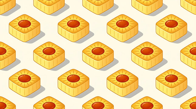 Yellow square cookies with red jam filling pattern