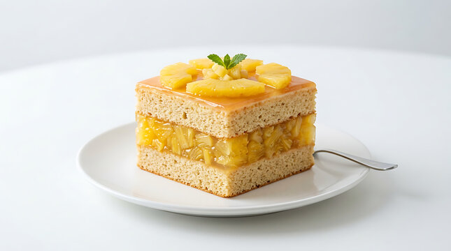 Square pineapple cake slice with fruit filling and glaze