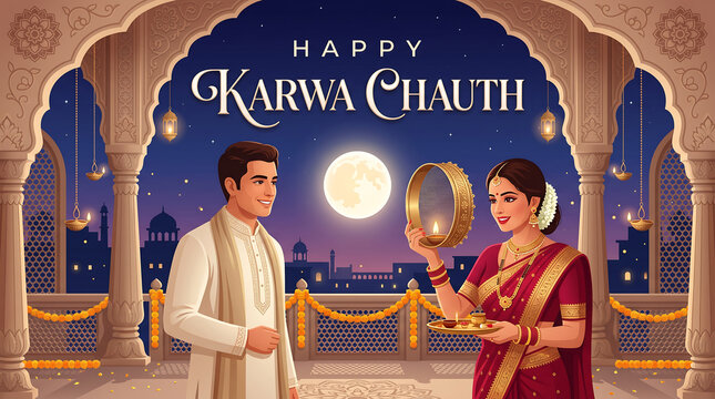 Couple celebrating karwa chauth festival on a traditional balcony