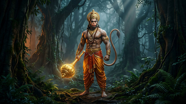 Powerful lord hanuman with golden gada in mystical forest jungle