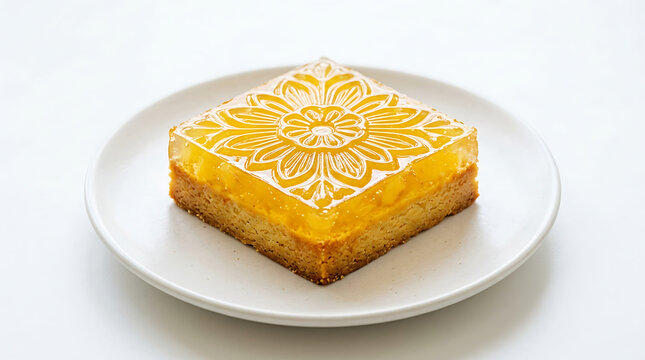 Square pineapple pastry with floral glaze on white plate