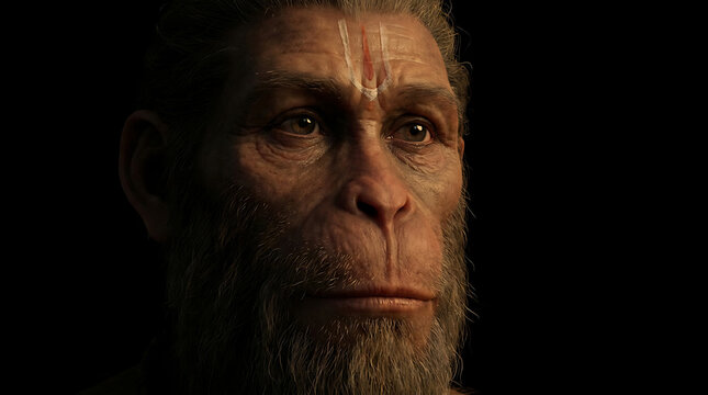 Closeup portrait of a realistic humanoid ape with a tilak on its forehead
