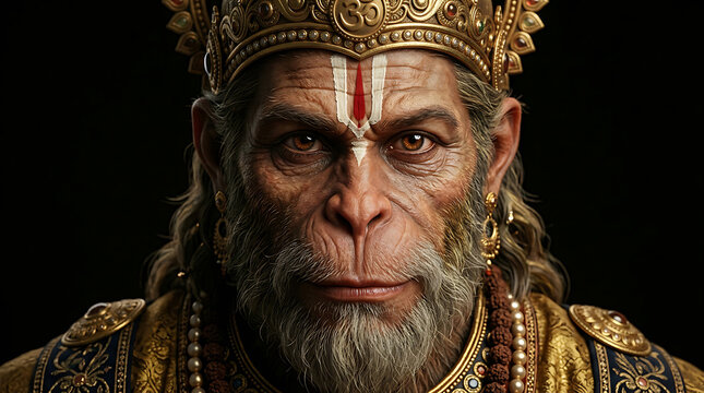Hyperrealistic portrait of lord hanuman with golden crown