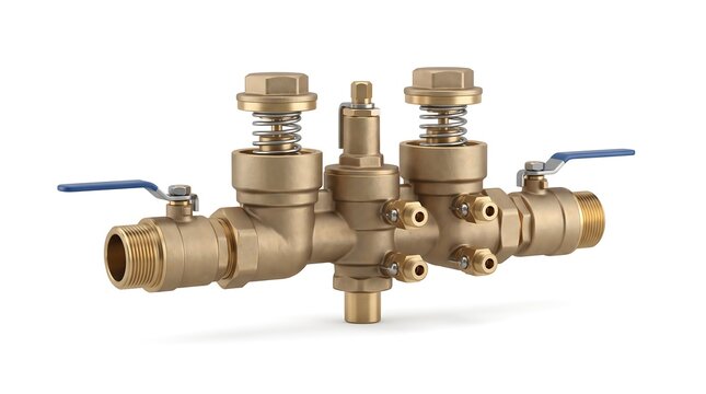 Brass backflow preventer valve assembly with ball valves and pressure gauges plumbing equipment for water supply systems isolated on white background