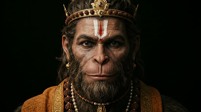Realistic portrait of lord hanuman with traditional crown and tilak