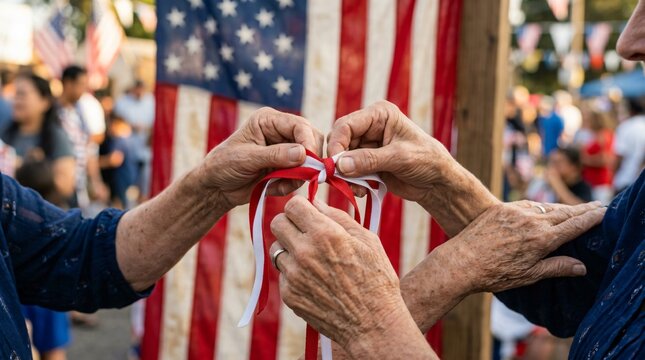 Manos de ancianos atando lazo patri&oacute;tico frente a bandera estadounidense durante celebraci&oacute;n comunitaria del Mes de la Herencia Hispana.