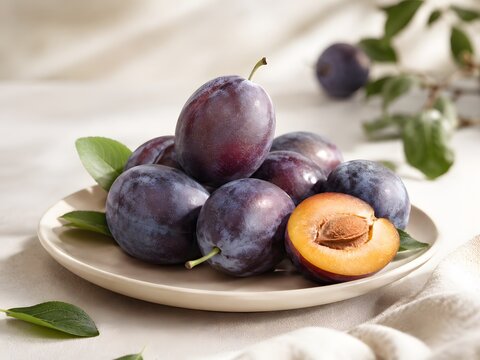 Ripe plums on matte ceramic plate in August light