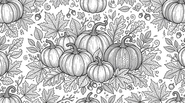 Seamless pattern with handdrawn pumpkins and autumn leaves isolated on white background