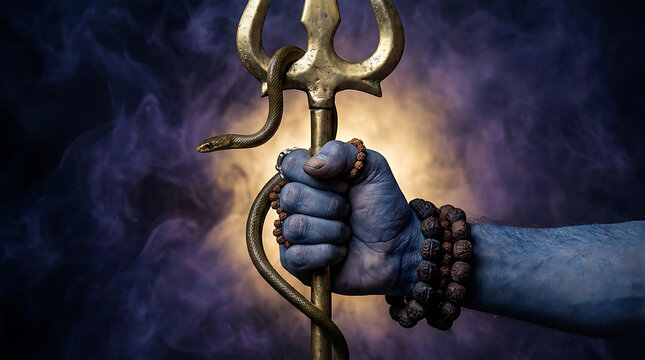 Blue hand of lord shiva holding a trishul with a snake
