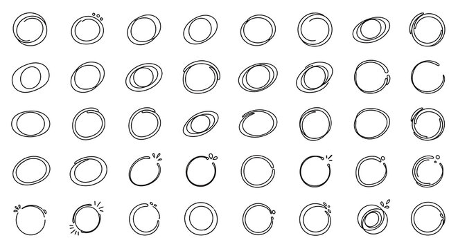Messy circular doodle frames set featuring rough sketch circles with accent marks in black ink for highlight text or visual design compositions.