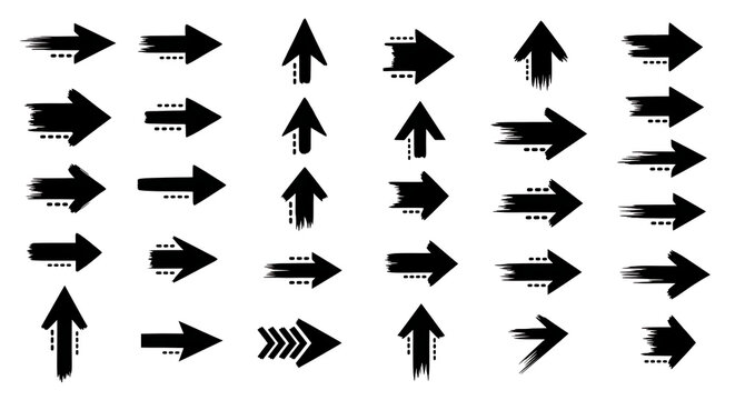 Bold black ink brush stroke arrow set with dashed lines and fast movement markers for creative flow charts and navigational layout design work.