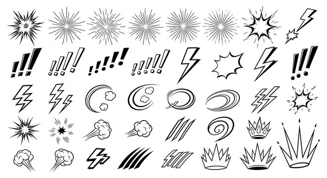 Comic action elements collection features black vector symbols including explosions lightning bolts smoke trails and exclamation marks on white.