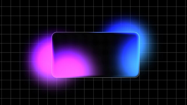 Glassmorphism rectangle frame with glowing neon pink and blue lights on black grid background