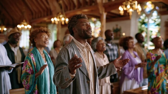 Elderly Black congregants worshipping with joy in a sunlit church during a service