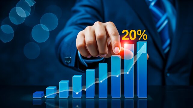 Hand pressing a rising bar chart with a twenty percent discount symbol representing business growth and increased sales