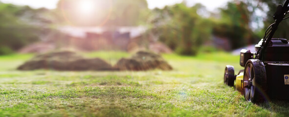 Fototapeta premium Lawn mower cut grass. Garden work. Electric Rotary lawn mower machine. Panorama, banner