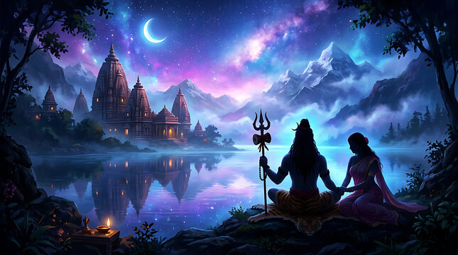 Lord shiva and goddess parvati meditating by a serene himalayan lake at night