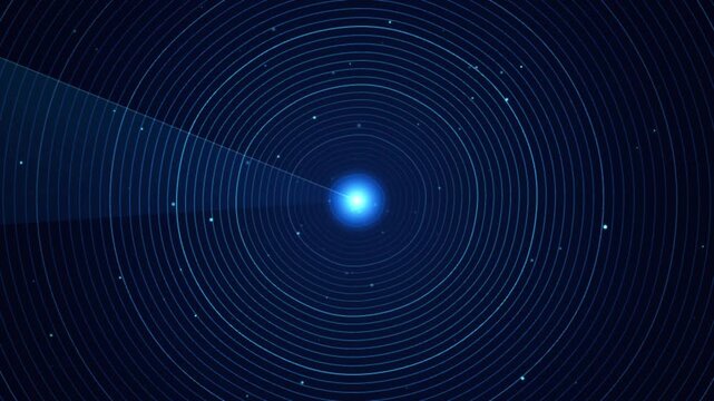 Blue radar scan technology background with rotating sonar sweep rings