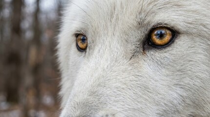 Fototapeta premium Close up macro portrait of majestic Arctic wolf face focusing sharply on bright amber eyes and dense white winter fur in wilderness habitat