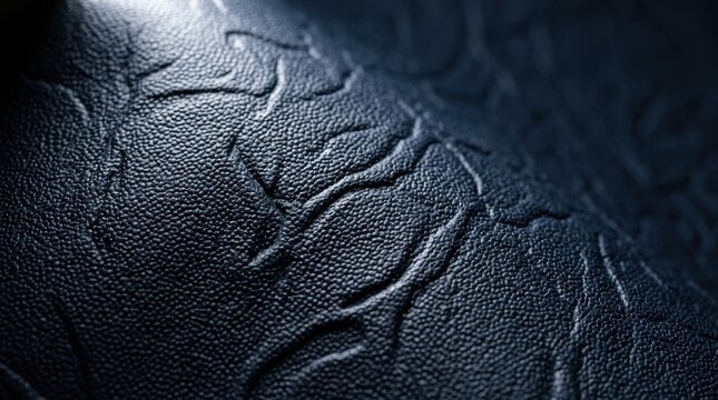 Close up macro view of a dark navy blue textured synthetic leather material with embossed organic abstract branch patterns and soft dramatic lighting